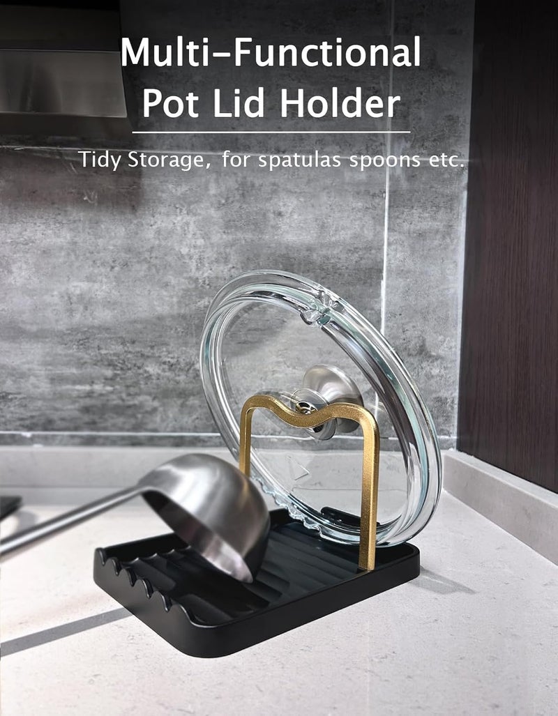 CHANNICORNER Anti-Rust Metal Spoon Rest with Lid Holder, Heat-Resistant Pot Lid Rest, Multifunctional Spatula Holder While Cooking for Stovetop and Kitchen Counter – Black Gold - Image 2